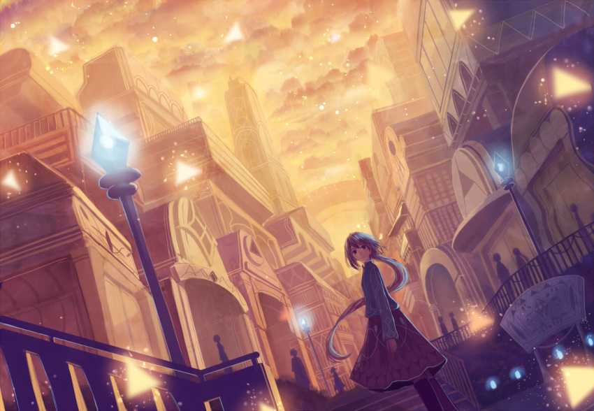 1girl black_eyes blue_shirt building city cityscape clouds cloudy_sky fantasy from_side lamppost long_hair long_sleeves looking_at_viewer magic original ponytail purple_hair sakimori_(hououbds) shirt skirt sky solo standing tower yellow_sky