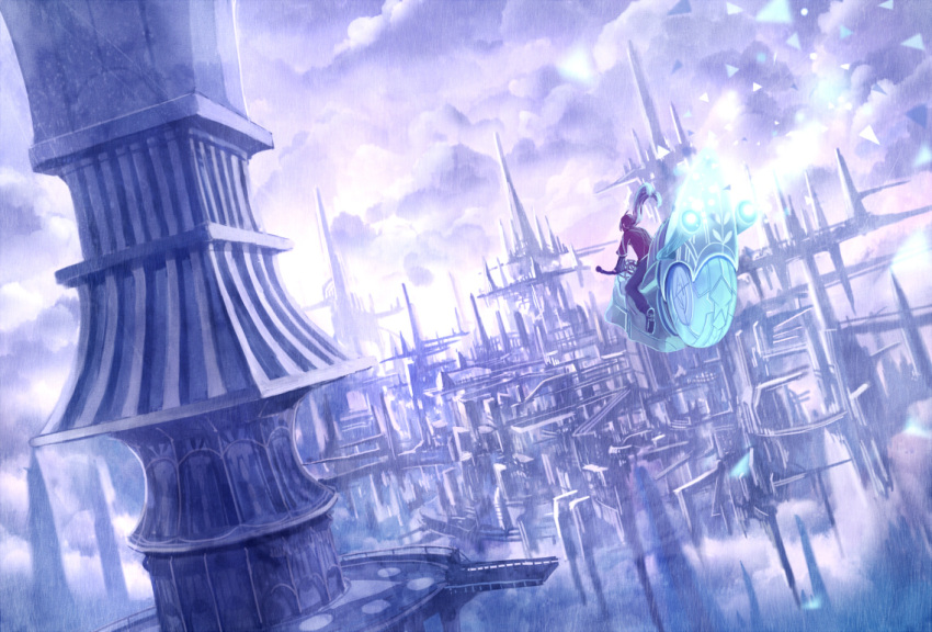 1boy ahoge architecture clouds cloudy_sky commentary_request driving flying long_hair original pants red_shirt sakimori_(hououbds) scenery science_fiction shirt shoes sky solo tower