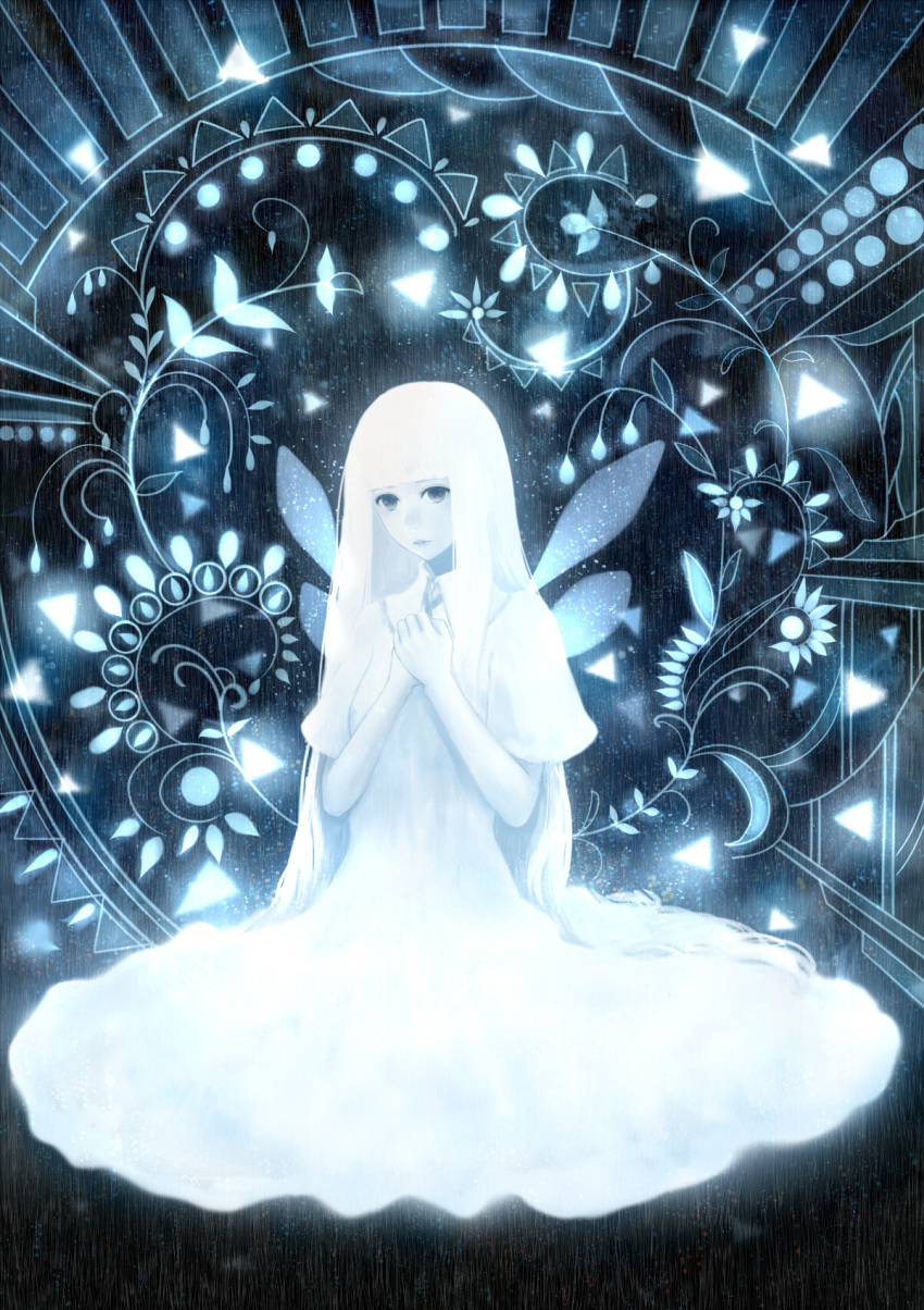 1girl black_eyes blue closed_mouth dress fairy_wings hands_on_own_chest highres long_hair looking_at_viewer original sakimori_(hououbds) short_sleeves solo very_long_hair white_hair wide_sleeves wings
