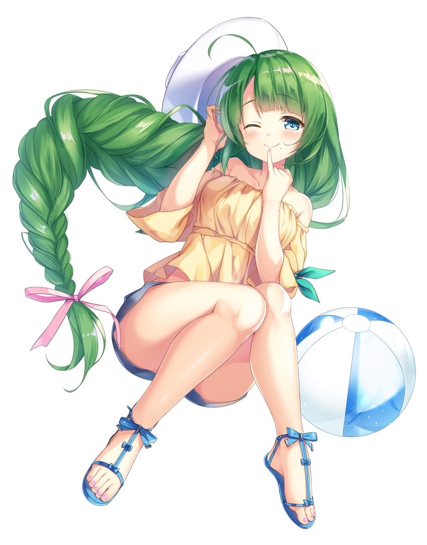 1girl ;) absurdres ahoge ball bare_shoulders beachball blue_eyes blush braid breasts eyebrows_visible_through_hair finger_to_mouth full_body green_hair hair_ribbon hat highres kantai_collection knees_together_feet_apart legs_up long_hair looking_at_viewer low-tied_long_hair mafuyun medium_breasts mole mole_under_mouth off-shoulder_shirt one_eye_closed pinky_out ribbon sandals shirt short_shorts shorts simple_background single_braid smile solo sun_hat toenail_polish toes very_long_hair white_background yuugumo_(kantai_collection)