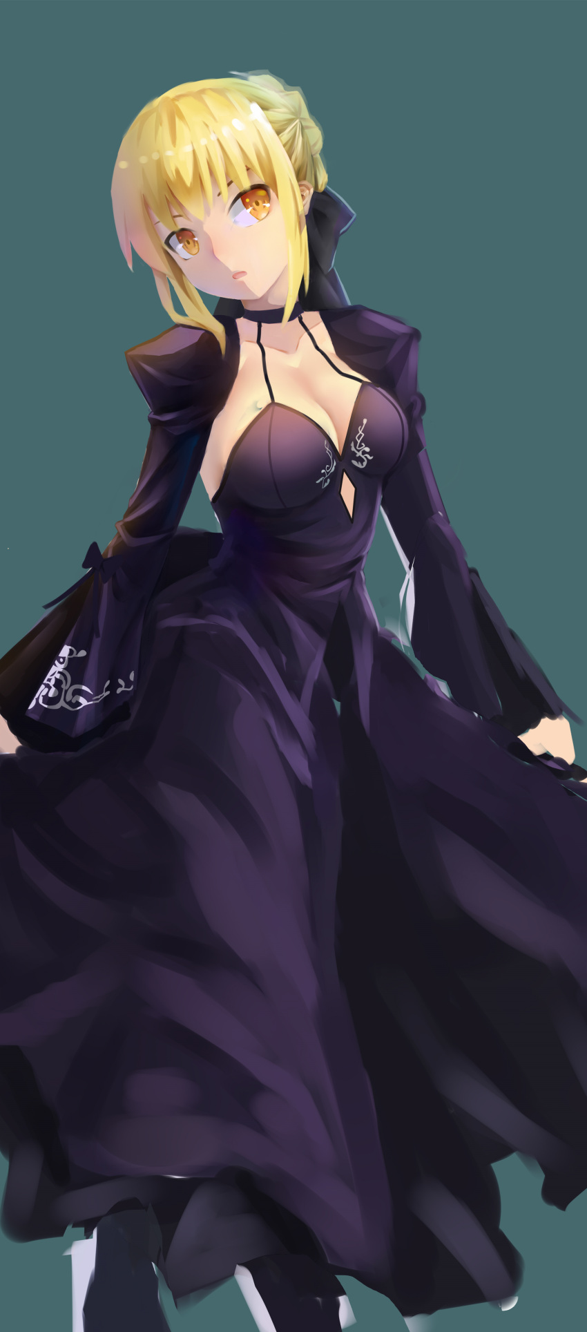 1girl absurdres artoria_pendragon_(all) black_dress blonde_hair dress fate/stay_night fate_(series) gekka_hiyayuki highres long_sleeves looking_at_viewer open_mouth puffy_sleeves saber saber_alter solo yellow_eyes