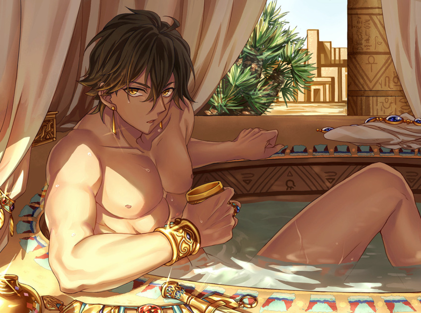 1boy bathing bracelet brown_hair cup dagger dark_skin earrings fate/prototype fate/prototype:_fragments_of_blue_and_silver fate_(series) gold hair_between_eyes jewelry lalatia-meai long_hair looking_at_viewer male_focus middle_eastern_architecture muscle necklace_removed nipples nude open_mouth rider_(fate/prototype_fragments) ring solo water weapon wet yellow_eyes