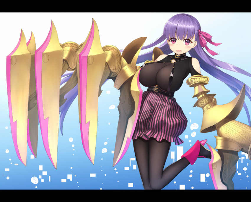 10s 1girl bare_shoulders bb_(fate/extra_ccc) black_legwear blush claw_(weapon) fate/extra fate/extra_ccc fate_(series) floating_hair gradient gradient_background hair_ribbon heijialan high_heels leg_up long_hair o-ring_top open_mouth pink_eyes pink_ribbon pink_skirt purple_hair ribbon skirt solo striped vertical-striped_skirt vertical_stripes very_long_hair weapon