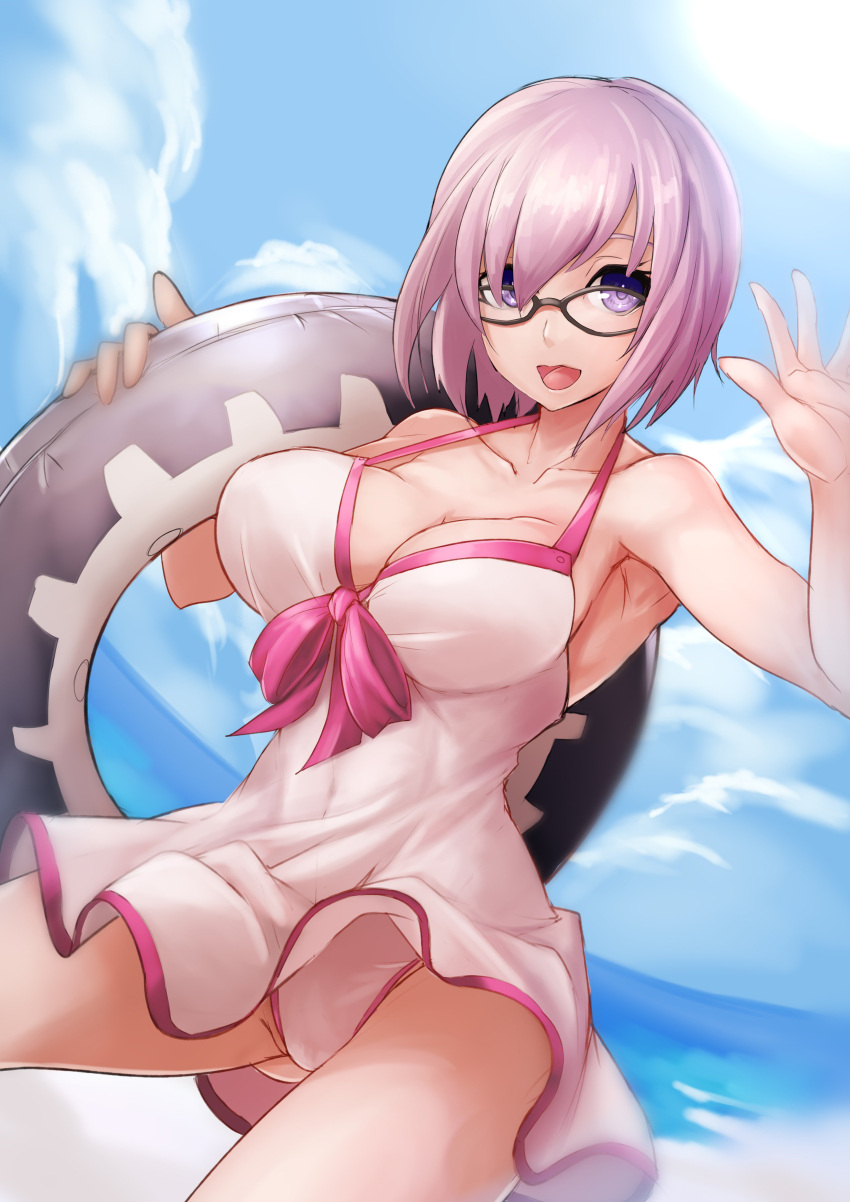 1girl :d absurdres armpits bare_arms bare_shoulders beach black-framed_eyewear blue_sky blush breasts cleavage collarbone cowboy_shot day dress fate/grand_order fate_(series) glasses gluteal_fold hair_over_one_eye halter_top halterneck highres innertube large_breasts lavender_hair looking_at_viewer open_mouth panties pantyshot pantyshot_(standing) shielder_(fate/grand_order) short_hair sky smile solo sowel_(sk3) standing sunlight underwear violet_eyes white_dress white_panties