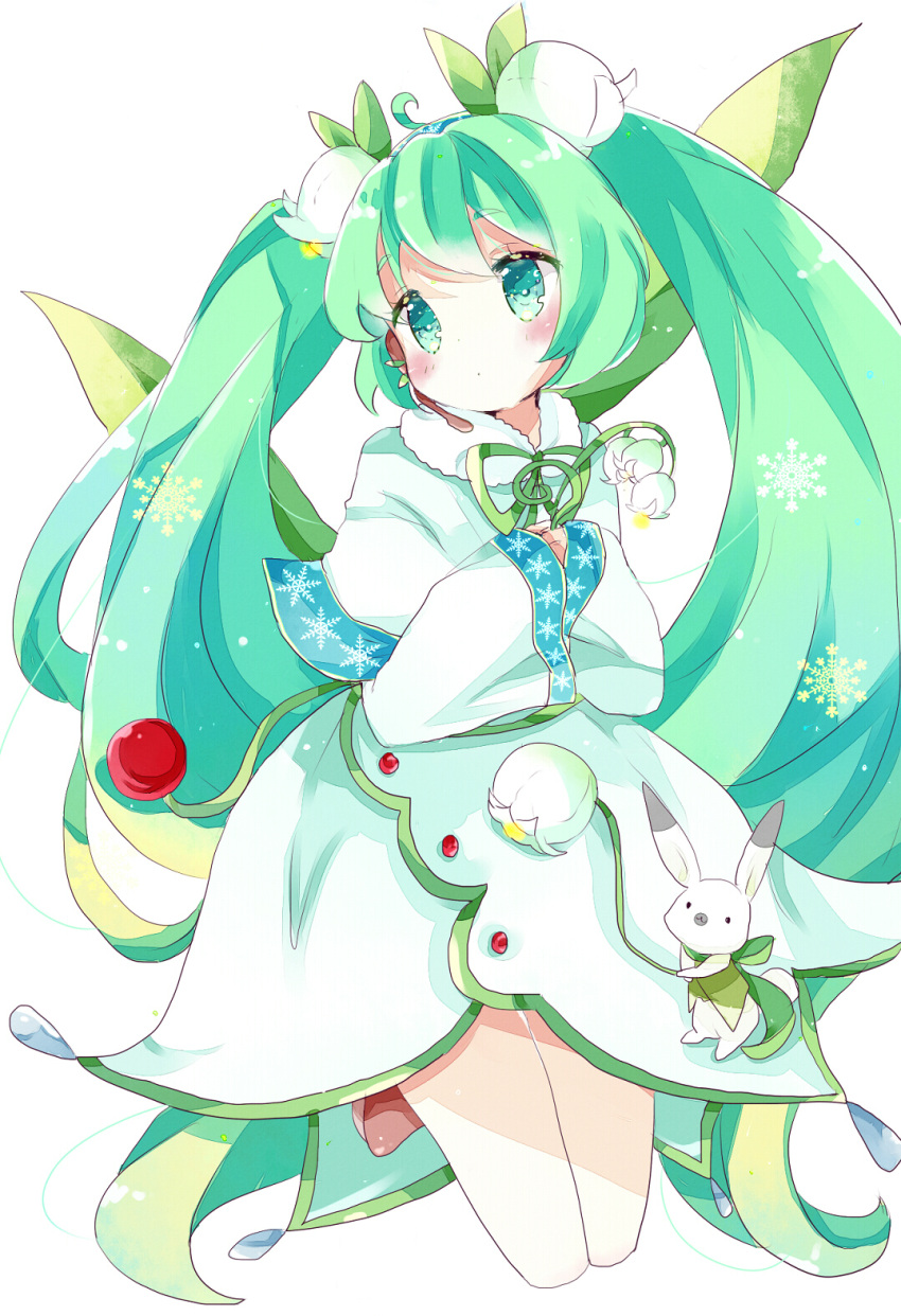 1girl ahoge blush bubble_skirt capelet cropped_legs eyebrows_visible_through_hair flower fur-trimmed_capelet green_eyes green_ribbon hair_flower hair_ornament hands_in_sleeves hatsune_miku highres holding holding_flower leaf lily_of_the_valley long_hair long_sleeves looking_away looking_to_the_side rabbit ribbon shirt simple_background sitting skirt skirt_set snowflake_print snowflakes tsukiyo_(skymint) twintails very_long_hair vocaloid water_drop white_background white_shirt white_skirt wide_sleeves yuki_miku yukine_(vocaloid)