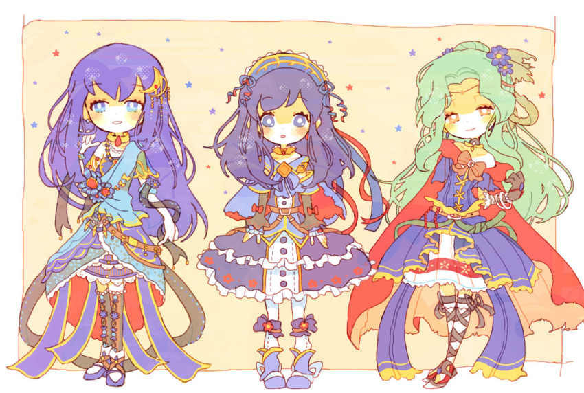 3girls blue_eyes blue_hair blush boots cape dress elincia_ridell_crimea fingerless_gloves fire_emblem fire_emblem:_fuuin_no_tsurugi fire_emblem:_mystery_of_the_emblem fire_emblem:_souen_no_kiseki fire_emblem_heroes gloves green_hair jewelry kappaman lilina long_hair multiple_girls open_mouth sheeda smile thigh-highs