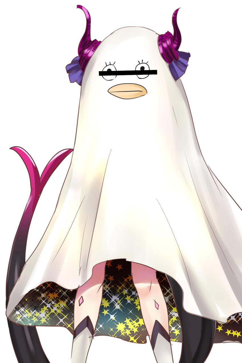 1girl asymmetrical_horns bar_censor bed_sheet censored cosplay dragon_girl elizabeth_(gintama) fate/grand_order fate_(series) gintama highres horns identity_censor lancer_(fate/extra_ccc) namesake nitocris_(fate/grand_order) nitocris_(fate/grand_order)_(cosplay) nitocris_(swimsuit_assassin)_(fate) ribbon samoore solo star tail transparent_background