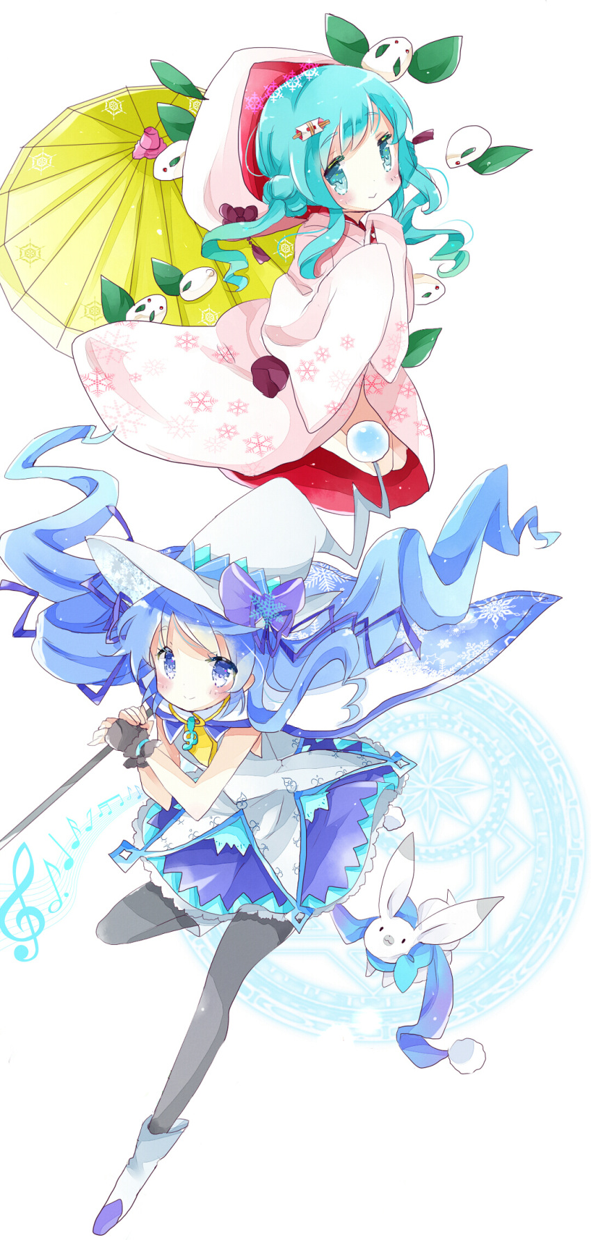 2girls :&gt; aqua_eyes aqua_hair bare_arms beamed_quavers beamed_semiquavers black_gloves black_legwear blue_cape blue_eyes blue_hair blue_ribbon blue_scarf blue_skirt blush boots bow cape crotchet double_bun eyebrows_visible_through_hair fingerless_gloves gloves hair_bow hair_ornament hair_ribbon hands_in_sleeves hat hatsune_miku highres holding holding_staff hood japanese_clothes kimono kneeling lace lace-trimmed_gloves lace-trimmed_skirt long_hair long_sleeves looking_at_viewer looking_to_the_side magical_girl multiple_girls musical_note neckerchief oriental_umbrella pantyhose pom_pom_(clothes) purple_bow quaver rabbit ribbon scarf shirt skirt sleeveless sleeveless_shirt sleeves_past_wrists smile snow_bunny snowflake_print staff staff_(music) standing standing_on_one_leg treble_clef tsukiyo_(skymint) twintails uchikake umbrella very_long_hair vocaloid white_boots white_hat white_shirt wide_sleeves wizard_hat yellow_neckerchief yuki_miku yukine_(vocaloid)