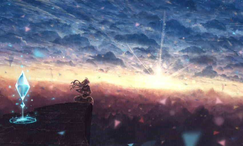 1girl ahoge capelet cliff clouds cloudy_sky commentary_request crystal fantasy floating_hair long_hair magic original sakimori_(hououbds) scenery skirt sky solo sunlight sunrise