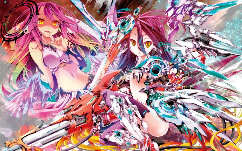 2girls ass breasts cleavage flat_chest halo highres jibril_(no_game_no_life) kamiya_yuu looking_at_viewer mecha_musume mechanical_parts mechanical_wings multicolored multicolored_hair multiple_girls navel no_game_no_life open_mouth photoshop pink_hair shuvi_(no_game_no_life) watermark wings yellow_eyes