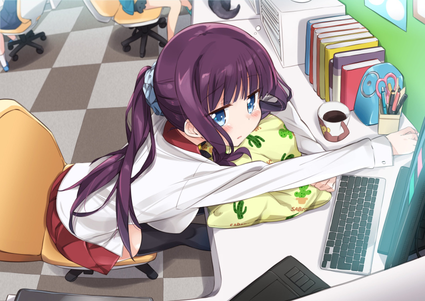 black_legwear blue_eyes blush breasts chair checkered checkered_floor eyebrows_visible_through_hair fisheye hair_ornament hair_scrunchie highres indoors keyboard large_breasts leaning_forward long_sleeves mousou_(mousou_temporary) new_game! pillow ponytail protected_link purple_hair scrunchie sitting skirt sleepy solo_focus swivel_chair takimoto_hifumi thigh-highs