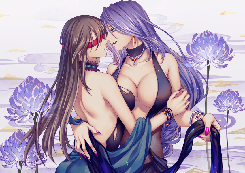 2girls arm arm_around_waist back bare_arms bare_back bare_shoulders black_choker black_dress black_nails blindfold blue_eyes bracelet breasts brown_hair character_request choker cleavage collarbone couple dress earrings eyebrows_visible_through_hair eyes_visible_through_hair female fingernails flower grin halterneck highres hug incipient_kiss jewelry lalatia-meai large_breasts lips lipstick long_fingernails looking_at_another makeup multiple_girls mutual_yuri nail_polish neck necklace open-back_dress open_mouth parted_lips phantom_blade_(game) phantom_blade_2 purple_flower purple_hair purple_nails red_lipstick smile standing torn_clothes torn_dress yuri