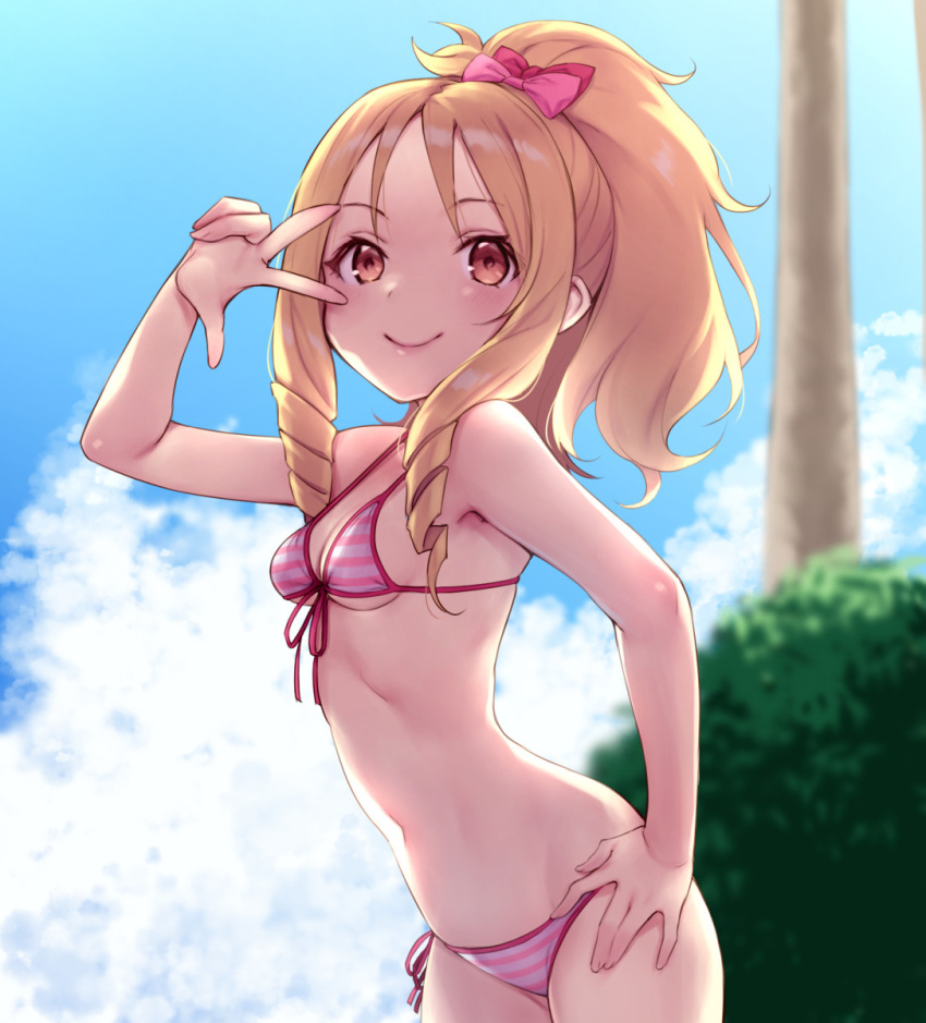 10s 1girl arm_up bikini blonde_hair blue_sky blurry bow breasts brown_eyes cleavage closed_mouth clouds cloudy_sky cowboy_shot day depth_of_field drill_hair eromanga_sensei from_side front-tie_bikini front-tie_top hair_bow hand_on_hip highres leaning_forward long_hair looking_at_viewer navel outdoors pink_bikini pokachu ponytail ringlets sky small_breasts smile solo striped striped_bikini swimsuit twin_drills w yamada_elf