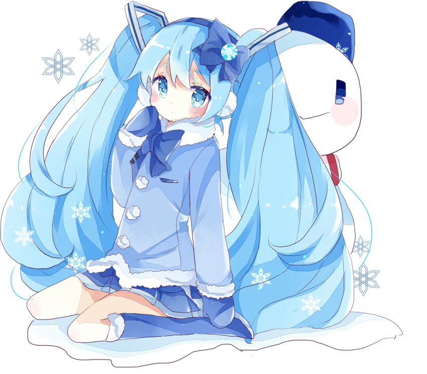 1girl big_hair blue_boots blue_bow blue_coat blue_eyes blue_hair blue_mittens blue_skirt blush boots bow coat crystal earmuffs full_body fur-trimmed_boots fur-trimmed_coat fur_trim hair_between_eyes hair_bow hairband hand_on_own_face hatsune_miku knee_boots long_sleeves looking_at_viewer mittens pleated_skirt scarf sitting skirt snowflakes snowman solo tsukiyo_(skymint) twintails vocaloid wariza white_background winter_clothes winter_coat yuki_miku