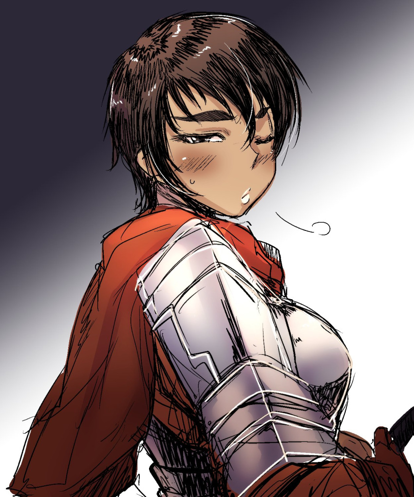 1girl =3 armor bakuya berserk blush breastplate brown_hair casca cloak dark_skin gloves gradient gradient_background highres hilt lips looking_at_viewer one_eye_closed shoulder_pads solo thick_eyebrows upper_body