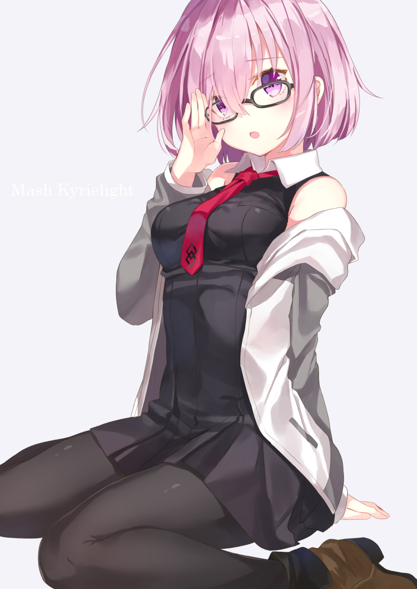 1girl absurdres adjusting_glasses black_dress black_legwear character_name dress eyebrows_visible_through_hair fate/grand_order fate_(series) glasses hair_over_one_eye highres jacket jimmy necktie open_mouth pantyhose purple_hair red_necktie shielder_(fate/grand_order) short_hair sitting solo violet_eyes wariza