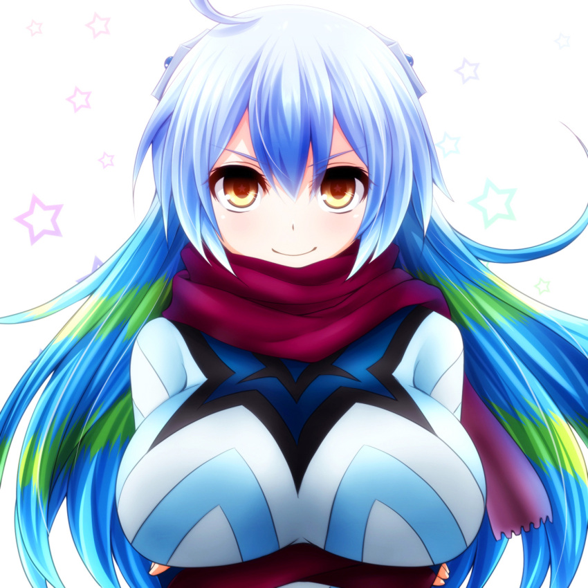 1girl ahoge blue_hair breasts crossed_arms female green_hair guts_seijin hair_ornament highres large_breasts long_hair looking_at_viewer multicolored_hair orange_eyes red_scarf scarf smile smug solo star star-shaped_pupils streaked_hair symbol-shaped_pupils ultra_kaijuu_gijinka_keikaku ultra_series ultra_seven_(series) upper_body watarui