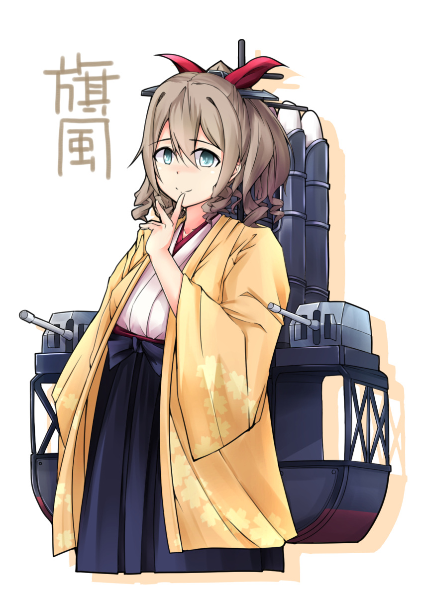 1girl blue_eyes bow brown_hair character_name cowboy_shot drill_hair drill_locks drop_shadow finger_to_mouth hair_ornament hakama hand_up hatakaze_(kantai_collection) highres japanese_clothes kantai_collection kimono light_smile looking_at_viewer meiji_schoolgirl_uniform otaku_heishi red_bow rigging simple_background solo torpedo_tubes turret white_background