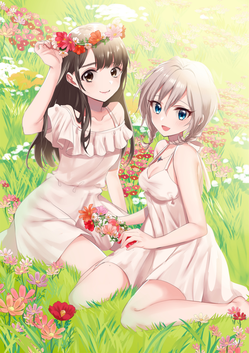 absurdres anastasia_(idolmaster) arm_up bangs bare_legs barefoot black_hair blue_eyes blush breasts brown_eyes cleavage closed_mouth collarbone dress eyebrows_visible_through_hair flower_wreath grass hair_between_eyes highres idolmaster idolmaster_cinderella_girls jewelry long_hair looking_at_viewer medium_breasts necklace open_mouth real_life silver_hair sinsihukunokonaka sitting smile sundress uesaka_sumire wariza white_dress