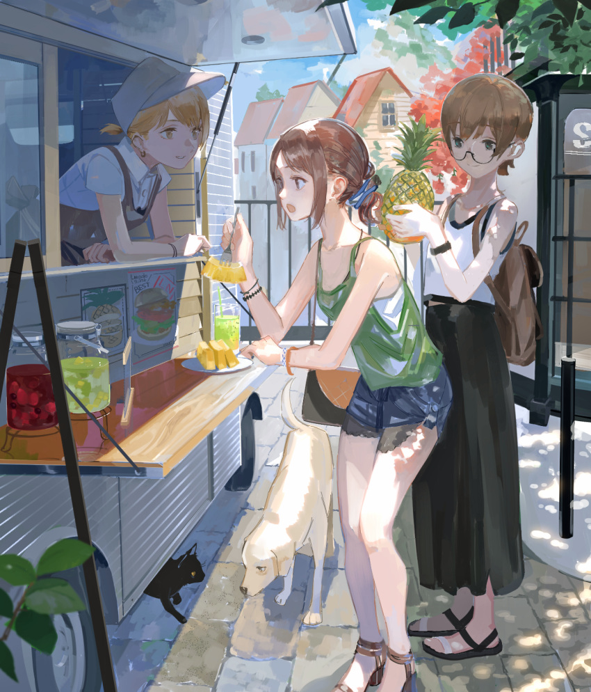 3girls :o apron arm_support aspara backpack bag bare_arms bare_shoulders barefoot_sandals black_eyes blonde_hair brown_eyes brown_hair camisole cat collared_shirt commentary_request cup dog drinking_glass drinking_straw earrings exposed_pocket food food_stand fork fruit full_body glasses hand_rest hand_up hat highres holding holding_food holding_fork holding_fruit jewelry leaning_forward long_skirt looking_at_another multiple_girls open_mouth original parted_lips pineapple pineapple_slice sandals semi-rimless_glasses shirt short_hair short_ponytail short_shorts short_sleeves shorts skirt smile standing summer under-rim_glasses wing_collar yellow_eyes