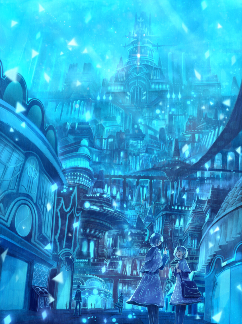 2girls bag blue blue_hair capelet city cityscape commentary_request fantasy highres looking_at_another multiple_girls original sakimori_(hououbds) scenery short_hair shoulder_bag smile standing wide_sleeves