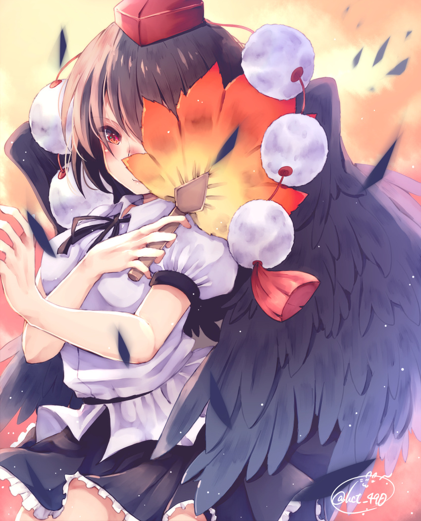 1girl black_hair black_ribbon black_skirt black_wings blush breasts chita_(ketchup) collared_shirt cowboy_shot fan feathered_wings feathers hat highres holding looking_at_viewer medium_breasts miniskirt one_eye_covered puffy_short_sleeves puffy_sleeves red_eyes ribbon shameimaru_aya shirt short_sleeves skirt solo tokin_hat touhou white_shirt wing_collar wings