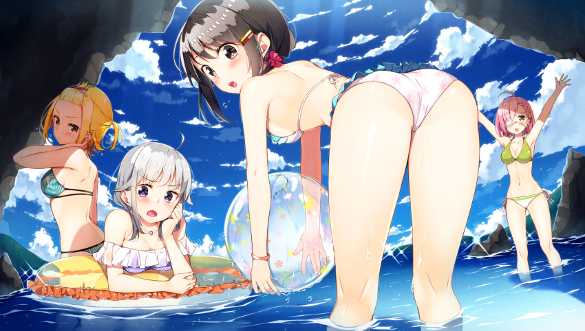 4girls afloat ass ball beachball bikini black_hair blonde_hair blush breasts clouds cloudy_sky fisheye highres innertube jewelry leaning_forward long_hair medium_breasts multiple_girls necklace ocean open_mouth original outstretched_arms pink_hair sakuragi_ren short_hair silver_hair sky small_breasts swimsuit violet_eyes wading