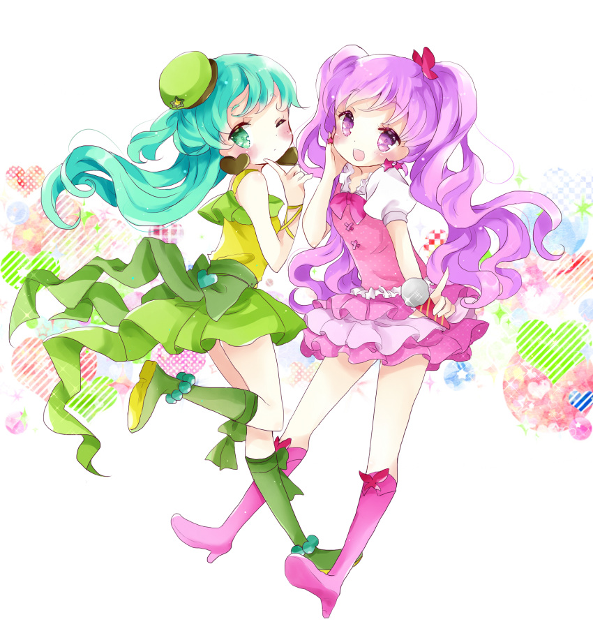 2girls :d aqua_hair arm_ribbon bare_arms beret blush boots bow checkered diagonal_stripes earrings eyebrows_visible_through_hair finger_to_face food frills full_body green_boots green_bow green_eyes green_skirt hair_ornament hand_on_own_chin hat heart heart_earrings high_heel_boots high_heels highres ice_cream ice_cream_cone index_finger_raised jewelry knee_boots layered_skirt long_hair looking_at_viewer looking_to_the_side mini_hat multiple_girls one_eye_closed open_mouth original pink_boots pink_shirt pink_skirt plaid pleated_skirt polka_dot polka_dot_shirt polka_dot_skirt puffy_short_sleeves puffy_sleeves purple_hair ribbon shirt short_sleeves skirt sleeveless smile sparkle star star_earrings tank_top tsukiyo_(skymint) twintails very_long_hair violet_eyes white_shirt yellow_ribbon