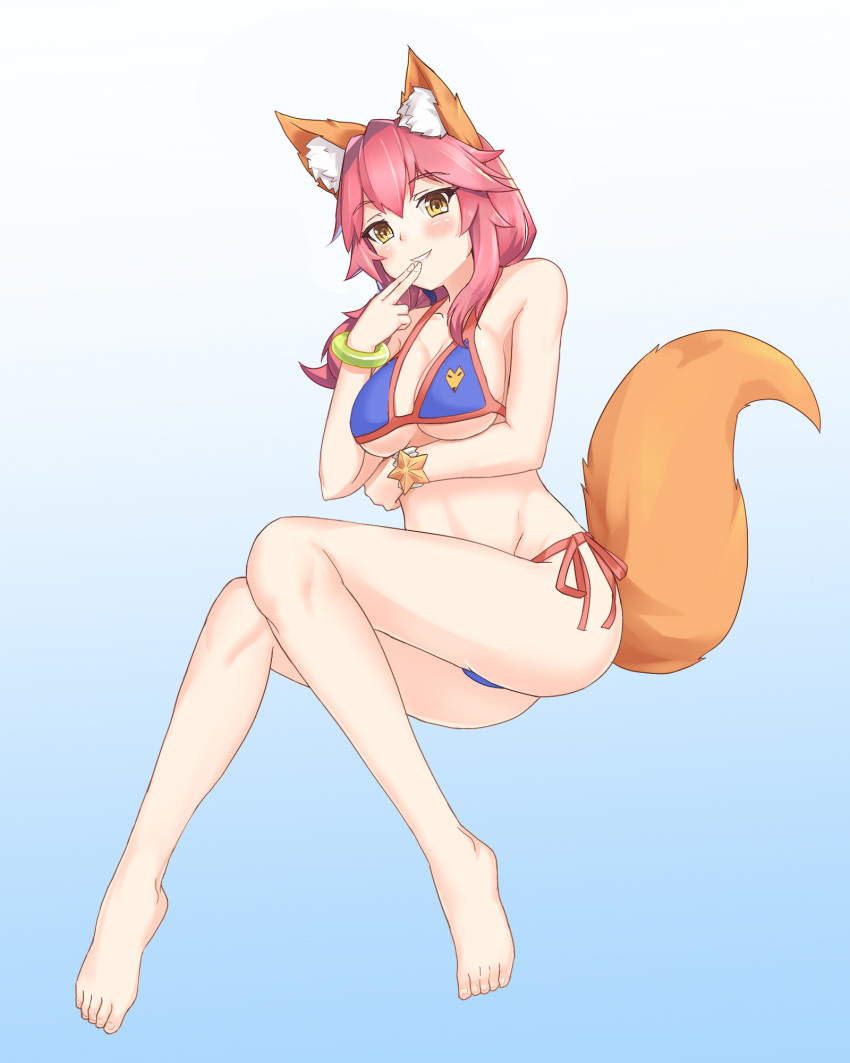 1girl animal_ears barefoot bikini blue_bikini blush breasts fate/grand_order fate_(series) fingers_to_mouth fox_ears fox_tail gradient gradient_background highres invisible_chair large_breasts legs long_hair looking_at_viewer muji_(majunduo) naughty_face parted_lips pink_hair side-tie_bikini sitting smile solo swimsuit tail tamamo_(fate)_(all) tamamo_no_mae_(swimsuit_lancer)_(fate) underboob yellow_eyes