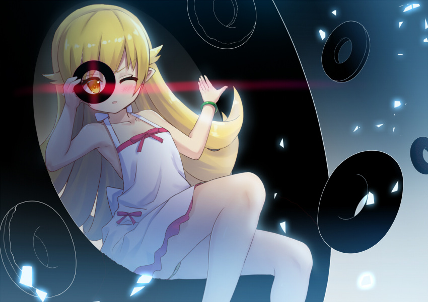 1girl bandaid bangle blonde_hair blush bracelet brown_eyes collarbone doughnut dress eyebrows_visible_through_hair flipped_hair food glowing glowing_eye gradient gradient_background halterneck heijialan holding holding_food jewelry long_hair looking_at_viewer maebari monogatari_(series) one_eye_closed oshino_shinobu parted_lips pointy_ears sitting sleeveless sleeveless_dress solo very_long_hair white_dress