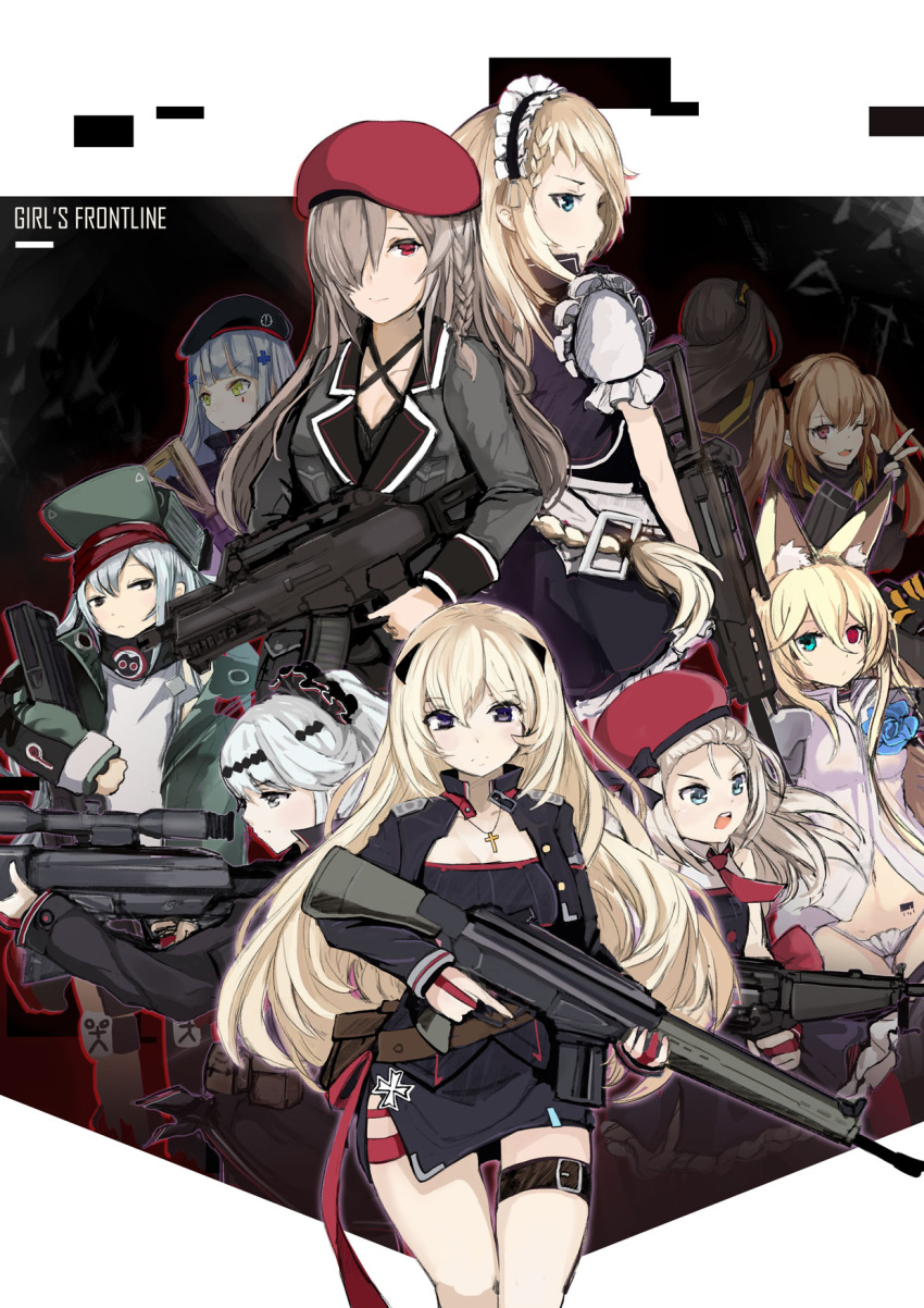 6+girls :3 animal_ears assault_rifle bangs barcode barcode_tattoo battle_rifle beret bikini_bottom black_hat blonde_hair blue_eyes blunt_bangs braid breasts cloche_hat collar collarbone copyright_name corsage cowboy_shot cross cross_necklace dress flat_chest frilled_dress frills frown g11 g11_(girls_frontline) g36 g36_(girls_frontline) g36c g36c_(girls_frontline) g3_(girls_frontline) g41_(girls_frontline) girls_frontline green_eyes green_hat green_jacket gun h&amp;k_g3 h&amp;k_g41 h&amp;k_mp5 h&amp;k_ump hair_between_eyes hair_over_one_eye hakokon hat heckler_&amp;_koch henohenomoheji heterochromia highres hk416 hk416_(girls_frontline) holding holding_gun holding_weapon iron_cross jacket jewelry jitome long_hair looking_at_viewer looking_away maid maid_headdress medium_breasts midriff military mp5_(girls_frontline) multiple_girls navel necklace necktie off_shoulder one_side_up open_mouth panties ponytail psg-1 psg-1_(girls_frontline) red_eyes red_hat rifle scar scar_across_eye scope serious shirt side_braid silver_hair skirt small_breasts smile sniper_rifle spaulders submachine_gun t-shirt tattoo thigh-highs thigh_strap trigger_discipline twintails ump45_(girls_frontline) ump9_(girls_frontline) underwear very_long_hair weapon white_panties