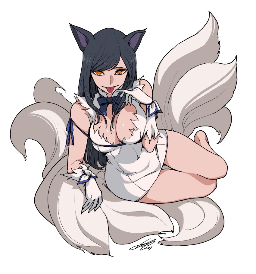 1girl :p absurdres ahri animal_ears bangs bare_legs barefoot black_hair breasts cleavage cleavage_cutout cosplay covered_navel dress dungeon_ni_deai_wo_motomeru_no_wa_machigatteiru_darou_ka finger_to_mouth fox_ears fox_tail gloves gluteal_fold hestia_(danmachi) hestia_(danmachi)_(cosplay) highres large_breasts league_of_legends looking_at_viewer multiple_tails orange_eyes pinky_out rei_no_himo short_dress simple_background sitting solo sungwon swept_bangs tail thigh_gap tongue tongue_out white_background white_dress white_gloves yokozuwari