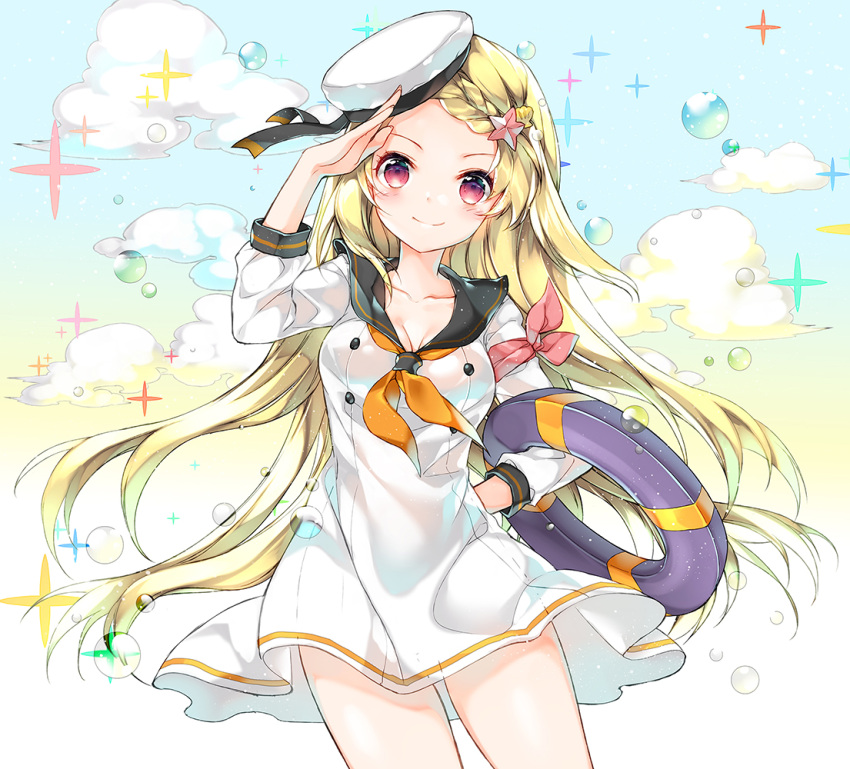 1girl arm_up blonde_hair blush braid breasts closed_mouth clouds collarbone cowboy_shot dress forehead hair_ornament hand_on_hip hat holding juna lifebuoy long_hair medium_breasts orange_neckerchief original sailor sailor_dress sailor_hat salute school_uniform serafuku smile solo sparkle star star_hair_ornament thighs very_long_hair violet_eyes