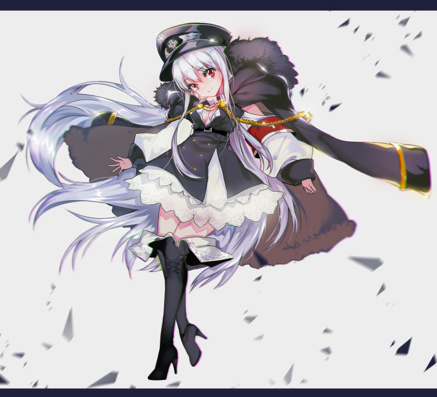 1girl black_boots black_hat blush boots breasts character_request cleavage closed_mouth eyebrows_visible_through_hair girls_frontline hat high_heel_boots high_heels highres kimpeul large_breasts looking_at_viewer red_eyes silver_hair smile solo thigh-highs thigh_boots