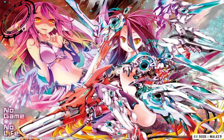 2girls ass breasts cleavage flat_chest halo highres jibril_(no_game_no_life) kamiya_yuu looking_at_viewer mecha_musume mechanical_parts mechanical_wings multicolored multicolored_hair multiple_girls navel no_game_no_life open_mouth pink_hair shuvi_(no_game_no_life) watermark wings yellow_eyes