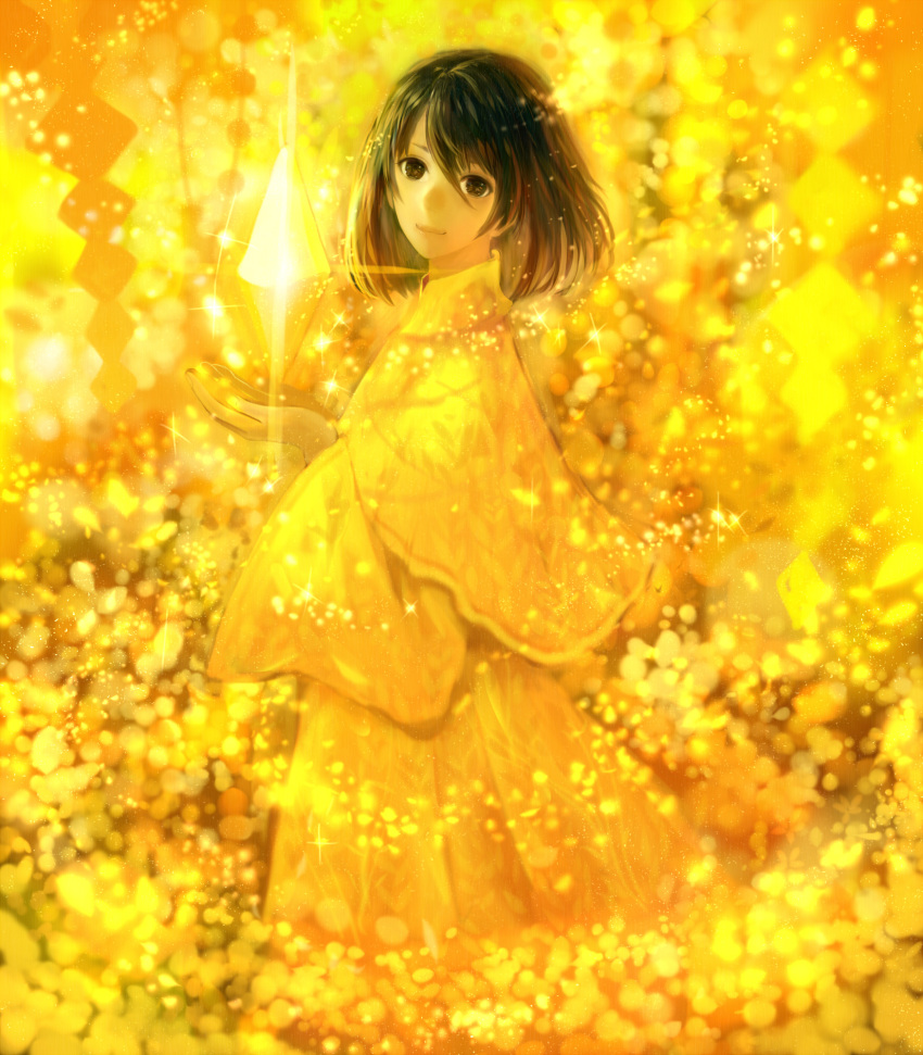 1girl bangs black_eyes black_hair closed_mouth commentary_request cropped_legs crystal from_side hair_between_eyes highres light_smile looking_at_viewer magic open_hands original robe sakimori_(hououbds) short_hair solo yellow