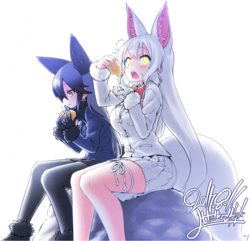 /\/\/\ 2017 2girls :t animal_ears black_bow black_bowtie black_gloves black_legwear black_skirt blazer blush bow bowtie breasts closed_mouth commentary_request dated eating eyebrows_visible_through_hair food fox_ears fox_tail from_side fur_trim gloves hair_between_eyes holding holding_food jacket kemono_friends large_breasts long_hair long_sleeves multiple_girls number oinari-sama_(kemono_friends) pantyhose pleated_skirt red_bow rock silver_fox_(kemono_friends) silver_hair single_glove sitting skirt sweatdrop tail very_long_hair wavy_mouth white_background white_gloves white_hair white_skirt yellow_eyes yoshida_hideyuki