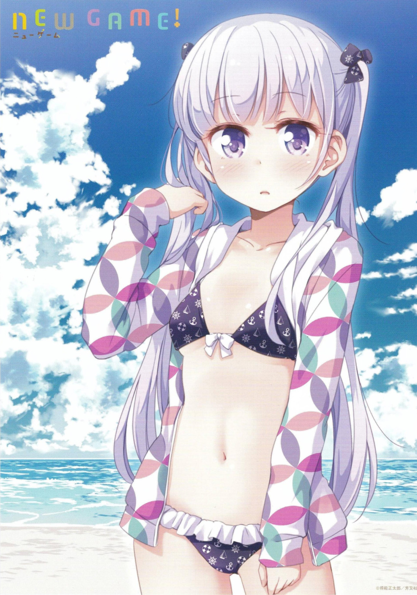 1girl absurdres artist_request beach bikini black_bikini black_ribbon blush breasts clouds cloudy_sky cowboy_shot frilled_bikini frills hair_ornament hair_ribbon highres hood hoodie jacket long_hair looking_at_viewer navel new_game! open_clothes open_hoodie print_bikini purple_hair ribbon sand seaside sky small_breasts solo standing suzukaze_aoba swimsuit text thighs tokunou_shoutarou twintails under_boob unmoving_pattern violet_eyes water white_jacket