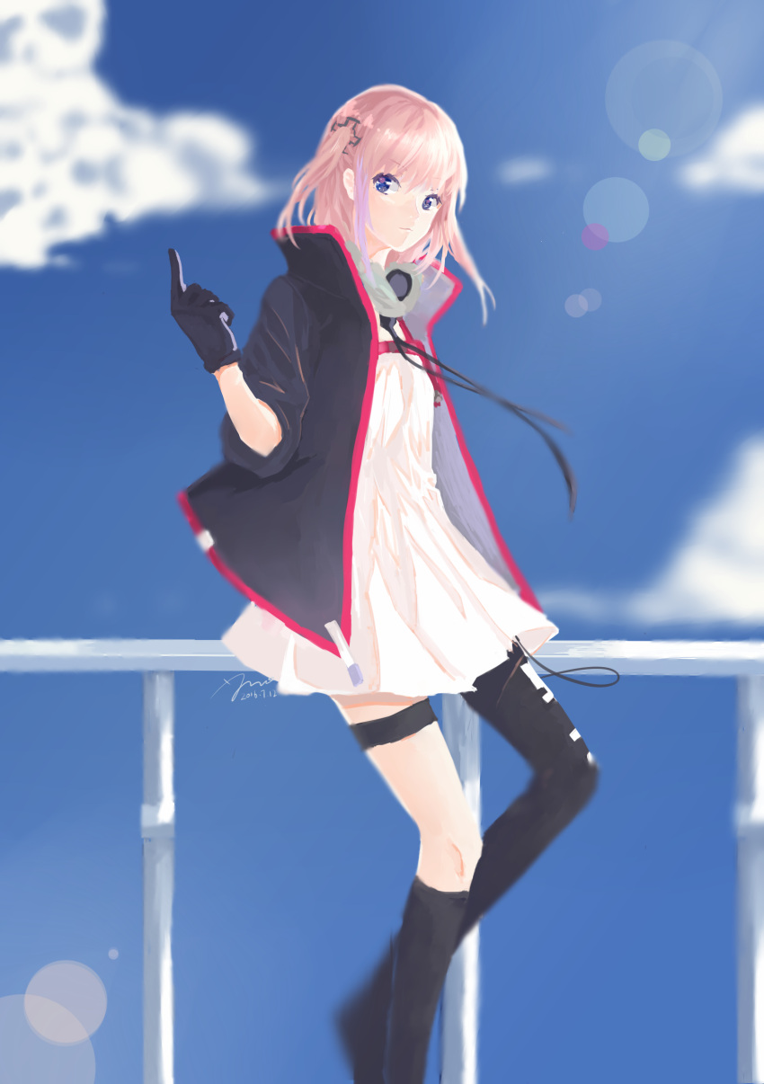 1girl :3 absurdres asymmetrical_clothes bangs black_gloves blue_eyes closed_mouth clouds dated dress girls_frontline gloves headphones highres jacket k-yomi lens_flare long_hair looking_at_viewer one_side_up outdoors pink_hair railing scarf signature sketch sleeves_rolled_up st_ar-15_(girls_frontline) thigh-highs thigh_strap white_dress