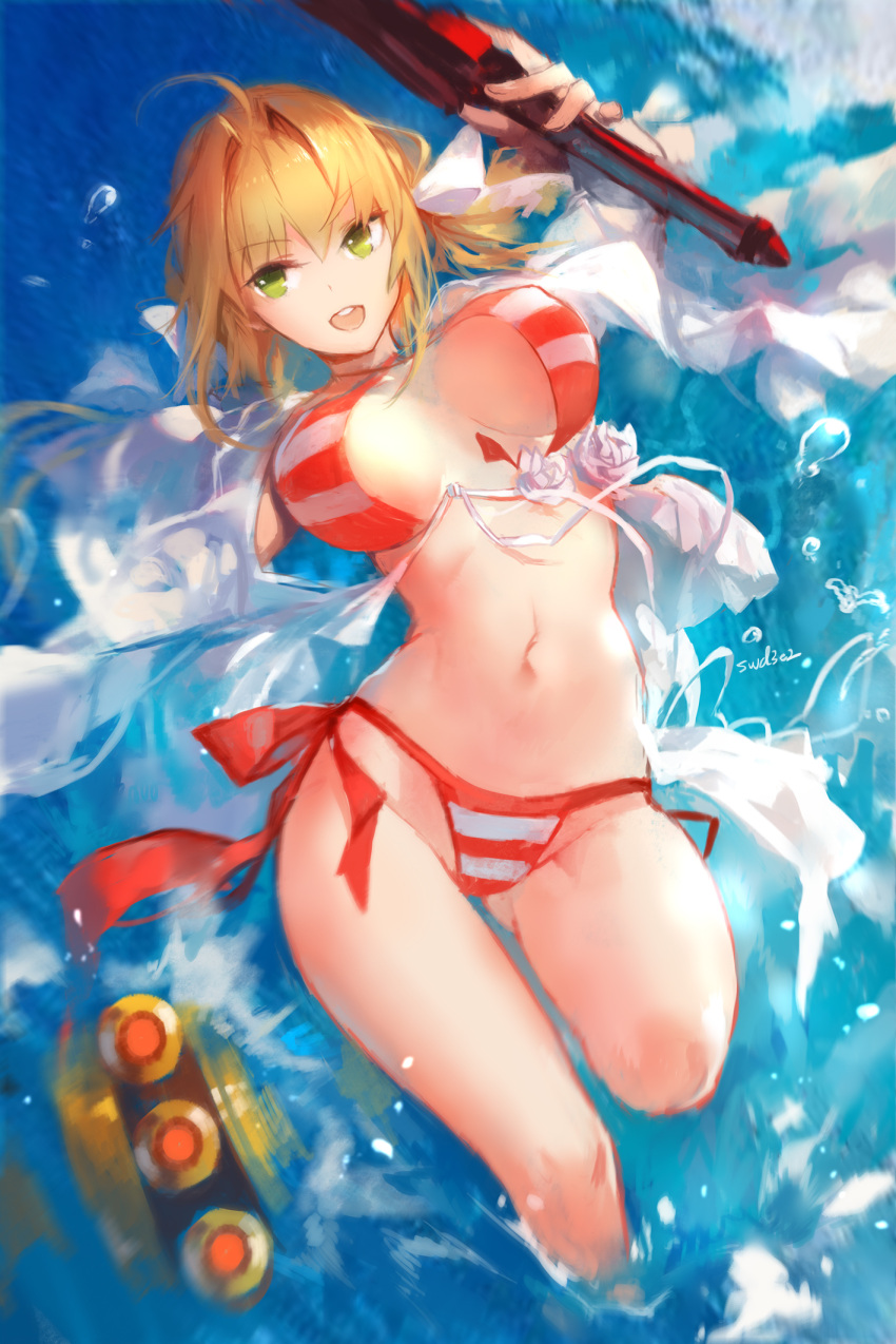 1girl aestus_estus ahoge bikini blonde_hair bouncing_breasts breasts fate/grand_order fate_(series) green_eyes hair_intakes halterneck highres large_breasts long_hair looking_at_viewer lying navel nero_claudius_(swimsuit_caster)_(fate) on_back partially_submerged saber_extra side-tie_bikini sketch smile solo striped striped_bikini swd3e2 swimsuit twintails wardrobe_malfunction water white_flower