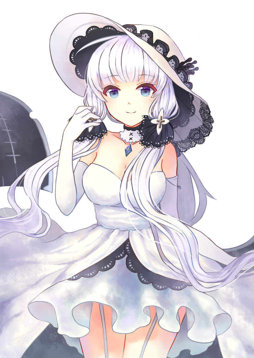 1girl a_(pixiv4754565) azur_lane bare_shoulders bilan_hangxian blue_eyes breasts choker cleavage cowboy_shot dress elbow_gloves garter_straps gloves hair_ornament hat highres illustrious_(bilan_hangxian) lace-trimmed_hat long_hair looking_at_viewer low_twintails mole mole_under_eye smile solo twintails white_background white_dress white_gloves white_hair