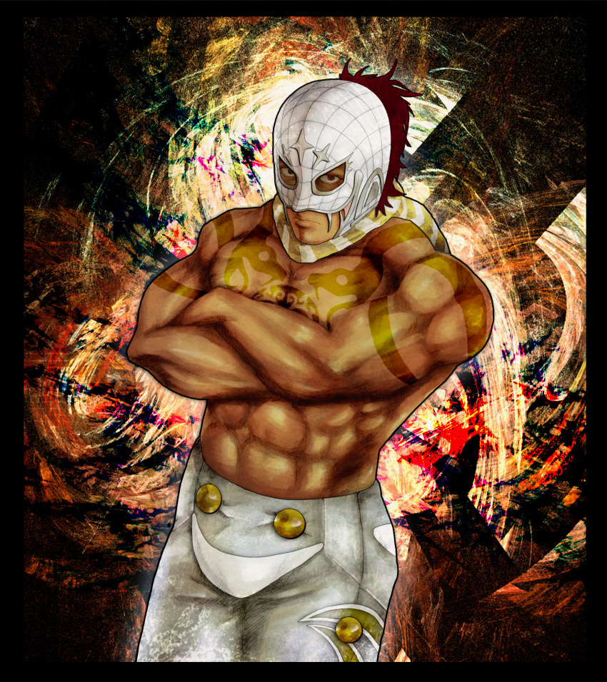 1boy brown_eyes brown_hair crossed_arms el_fuerte highres looking_at_viewer luchador_mask male_focus mask mingzi893 muscle navel standing street_fighter street_fighter_iv_(series) tattoo