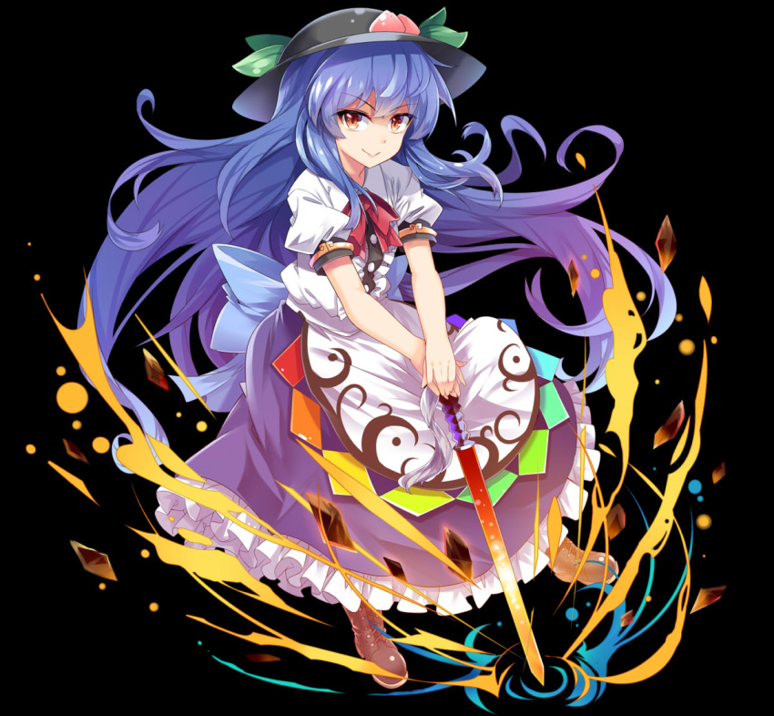 1girl :&gt; black_background blue_hair boots cross-laced_footwear e.o. fire food fruit hair_blowing hands_together hat hinanawi_tenshi layered_skirt leaf long_hair long_skirt looking_at_viewer peach puffy_short_sleeves puffy_sleeves red_eyes short_sleeves simple_background skirt smile solo sword_of_hisou touhou v_arms very_long_hair