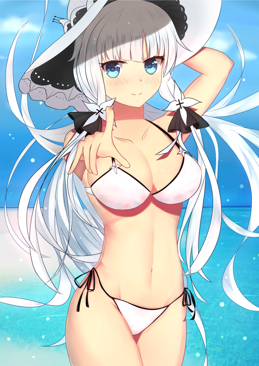 1girl absurdres bangs bikini bilan_hangxian blue_eyes blush breasts cowboy_shot day hand_on_headwear hat highres illustrious_(bilan_hangxian) index_finger_raised large_breasts long_hair looking_at_viewer low_twintails navel outdoors pointing pointing_at_viewer side-tie_bikini smile solo sun_hat swimsuit twintails very_long_hair water white_bikini white_hair xiao_xiao_touming
