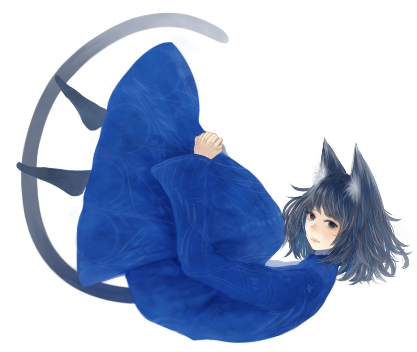 1girl animal_ears black_eyes blue_dress cat_ears cat_girl cat_tail closed_mouth commentary_request dress floating from_side full_body grey_hair hands_on_own_knees highres interlocked_fingers long_sleeves long_tail looking_at_viewer monochrome_background no_shoes original sakimori_(hououbds) short_hair simple_background socks solo tail white_background wide_sleeves