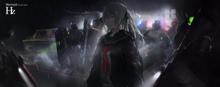 1girl 6+boys armor armored_personnel_carrier armored_vehicle artist_name ascot assault_rifle autocannon backlighting blonde_hair cannon caution_tape crying crying_with_eyes_open english flush green_eyes ground_vehicle gun hair_ribbon highres hzw3 jacket laser laser_beam looking_away mask military multiple_boys original rain ribbon rifle sad sailor_collar school_uniform shield tears text twintails vehicle weapon