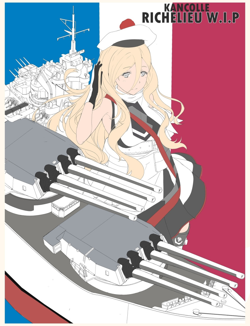 1girl armpits beret black_gloves blonde_hair cannon chiyo_goya english gloves grey_eyes hair_between_eyes hat highres kantai_collection long_hair looking_at_viewer machinery multicolored multicolored_background pom_pom_(clothes) richelieu_(kantai_collection) rigging smile solo turret very_long_hair wavy_hair white_gloves white_hat work_in_progress