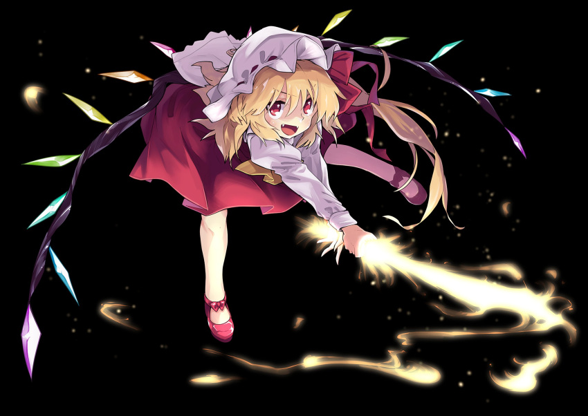 1girl ascot bare_legs black_background blonde_hair energy_sword fang flandre_scarlet full_body hat hat_ribbon highres holding holding_sword holding_weapon leaning_forward long_sleeves looking_at_viewer mob_cap open_mouth red_eyes red_ribbon red_shoes red_skirt ribbon shoes skirt smile solo sword touhou waira weapon white_hat wings