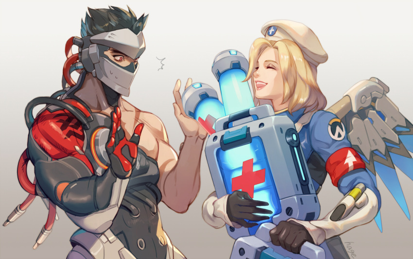 /\/\/\ 1boy 1girl :d alternate_costume alternate_hairstyle armband artist_name beret biceps black_gloves black_hair blackwatch_genji blonde_hair blue_bodysuit bodysuit cable closed_eyes combat_medic_ziegler covered_mouth cyborg emblem eyelashes genji_(overwatch) gloves gradient gradient_background hands_up hat headpiece highres holding lips logo long_sleeves looking_at_another makeup mascara mask mechanical_wings mercy_(overwatch) nose open_mouth overwatch pink_lips red_eyes sae_(revirth) short_hair smile spiky_hair sweatdrop teeth upper_body upper_teeth vambraces white_hat wings