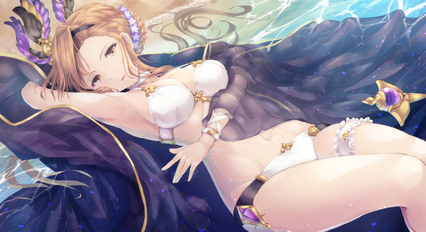 10s 1girl alternate_costume bangs beach bikini braid brown_hair choker coffee1223 flower frills gathers granblue_fantasy hair_bun hair_flower hair_ornament hairband hand_behind_head highres navel sand shawl solo song_(granblue_fantasy) swimsuit thigh_strap tied_hair water wet white_bikini yellow_eyes